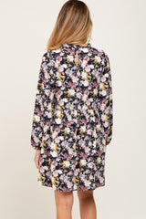 Black Floral Ruffle Mock Neck Maternity Dress