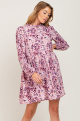 Pink Floral Ruffle Mock Neck Dress