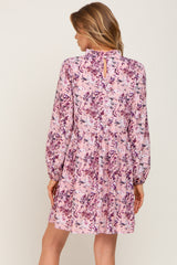 Pink Floral Ruffle Mock Neck Dress