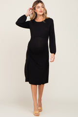 Black Long Sleeve Ruched Maternity Midi Dress