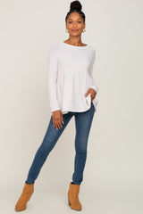 Cream Brushed Knit Long Sleeve Peplum Top