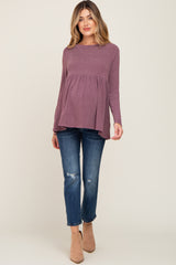 Purple Brushed Knit Long Sleeve Peplum Maternity Top