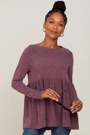 Purple Brushed Knit Long Sleeve Peplum Top