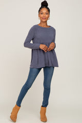 Navy Brushed Knit Long Sleeve Peplum Top