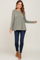 Olive Brushed Knit Long Sleeve Peplum Top