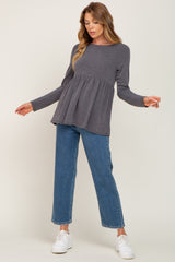 Purple Brushed Knit Long Sleeve Peplum Top