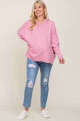 Pink Soft Knit Drawstring Maternity Hoodie