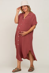 Rust Button Down Hi Low Maternity Plus Maxi Dress