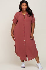 Rust Button Down Hi Low Plus Maxi Dress