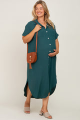 Forest Green Button Down Hi Low Maternity Plus Maxi Dress