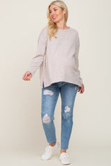 Beige Striped Brushed Maternity Long Sleeve Top