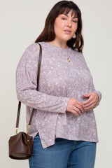 Mauve Floral Side Slit Plus Long Sleeve Top