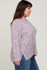 Mauve Floral Side Slit Plus Long Sleeve Top