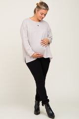 Beige Striped Brushed Maternity Plus Long Sleeve Top