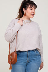 Beige Striped Brushed Maternity Plus Long Sleeve Top