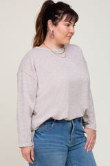 Beige Striped Brushed Plus Long Sleeve Top