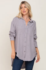 Grey Linen Fringe Button Down Top