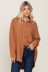 Camel Linen Fringe Button Down Top