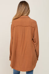 Camel Linen Fringe Button Down Maternity Top