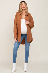 Camel Linen Fringe Button Down Maternity Top