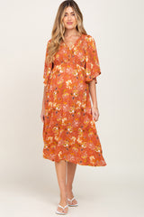 Rust Floral Smocked Flowy Half Sleeve Maternity Midi Dress