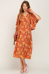 Rust Floral Smocked Flowy Half Sleeve Maternity Midi Dress