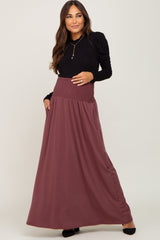 Burgundy Smocked High Waisted Maternity Maxi Skirt