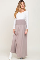 Taupe Smocked High Waisted Maternity Maxi Skirt