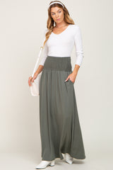 Olive Smocked High Waisted Maxi Skirt