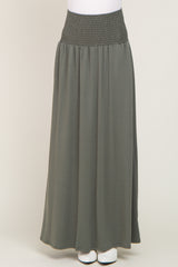 Olive Smocked High Waisted Maxi Skirt