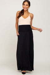 Black Smocked High Waisted Maternity Maxi Skirt