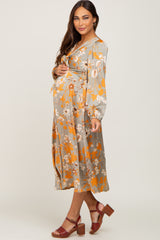 Sage Floral Front Tie Satin Maternity Midi Dress