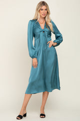 Teal Satin Tie Front Cutout Midi Dress