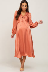 Orange Satin Tie Front Cutout Maternity Midi Dress