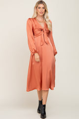 Orange Satin Tie Front Cutout Maternity Midi Dress