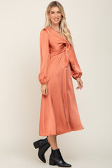 Orange Satin Tie Front Cutout Midi Dress