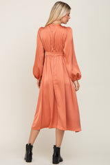 Orange Satin Tie Front Cutout Midi Dress