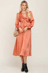 Orange Satin Tie Front Cutout Midi Dress