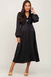 Black Satin Tie Front Cutout Maternity Midi Dress