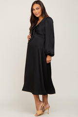 Black Satin Tie Front Cutout Maternity Midi Dress