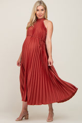 Rust Pleated Maternity Halter Dress