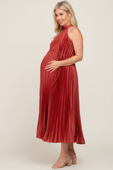 Rust Pleated Maternity Halter Dress