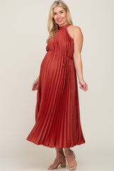 Rust Pleated Maternity Halter Dress