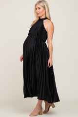 Black Pleated Maternity Halter Dress