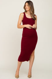 Burgundy Rib Knit Sleeveless Maternity Midi Dress