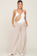 Beige Wide Leg Fray Hem Maternity Sweatpants