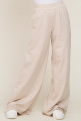 Beige Wide Leg Fray Hem Sweatpants