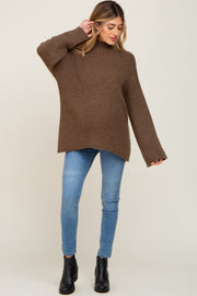 Brown Rib Knit Mock Neck Maternity Sweater