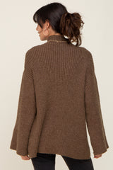 Brown Rib Knit Mock Neck Sweater