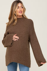 Brown Rib Knit Mock Neck Maternity Sweater